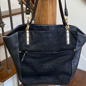 Elliot Lucca Black embossed reptile leather bag w/ brushed gold hardware  EUC